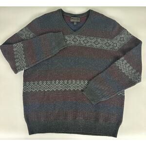 Jos. A Bank Reserve Size XL Fair Isle Wool Sweater V-Neck Gray Winter Holiday